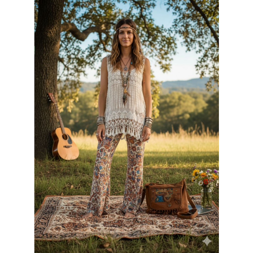 DELUSIVE White Crochet Fringe Tank Top S boho hippie 60s 70s era